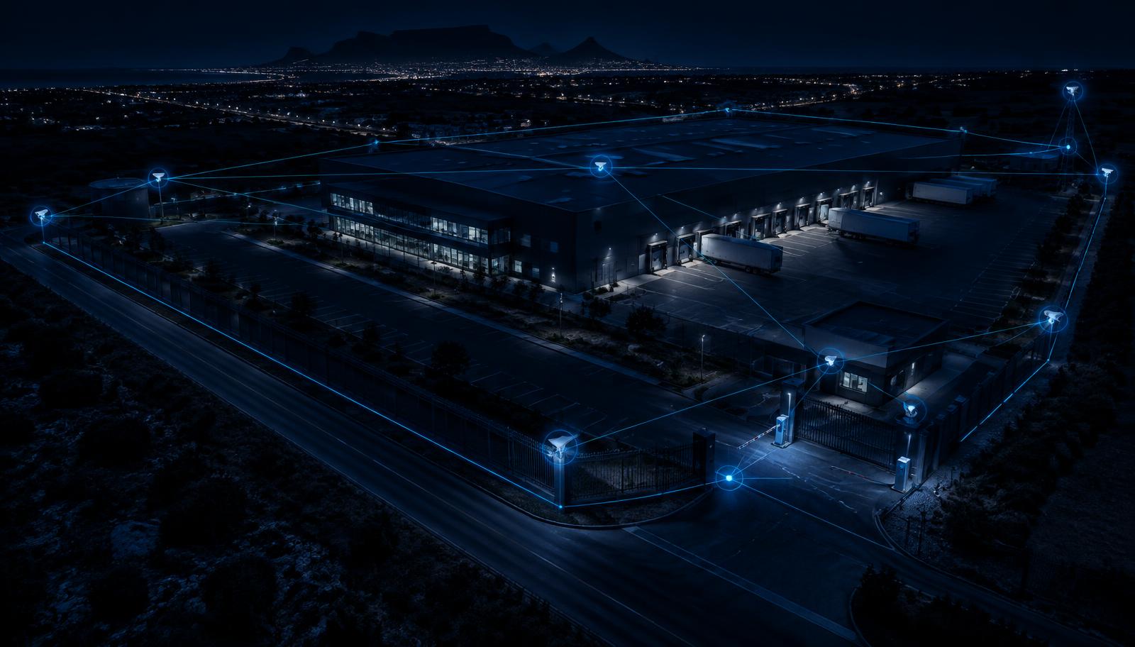 Night aerial view of a secured warehouse perimeter with connected cameras